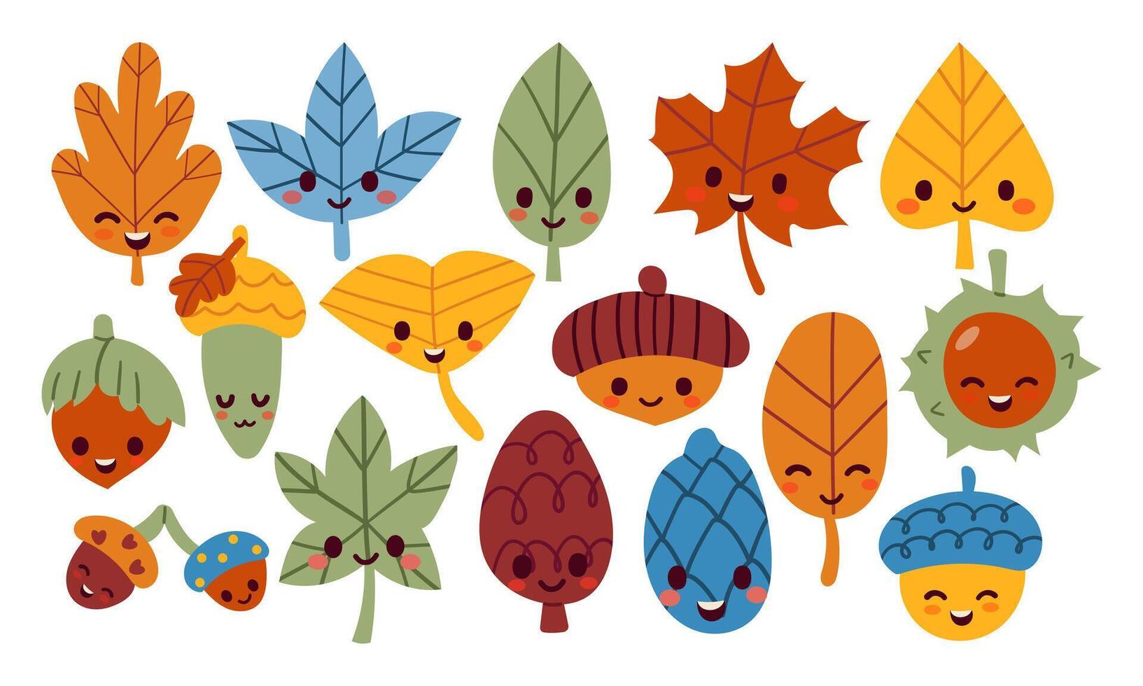 Cute smiling cartoon leaves and acorns vector