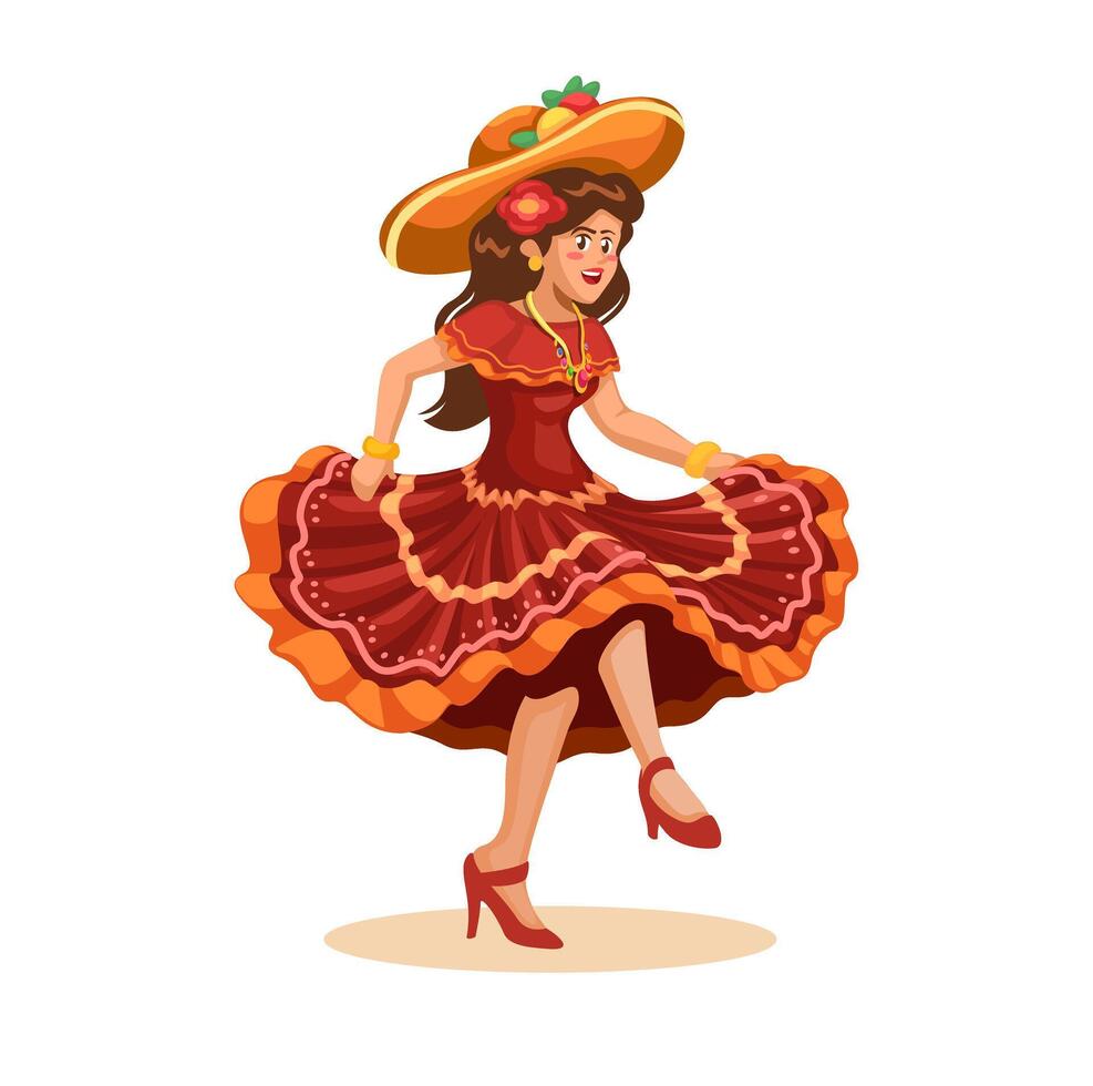 Girl Wear Mexican Traditional Dress Dancing Character Cartoon Illustration vector