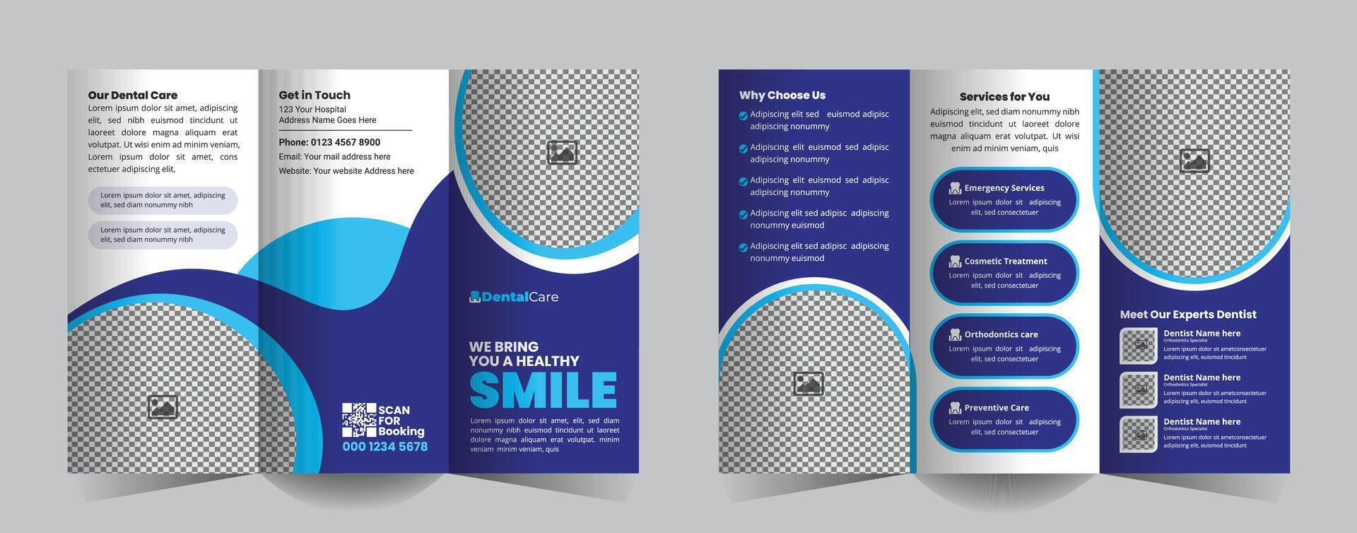 Customizable dental clinic tri-fold brochure template featuring services, expert profiles, and contact info. Perfect for attracting new patients with a modern, professional design. vector