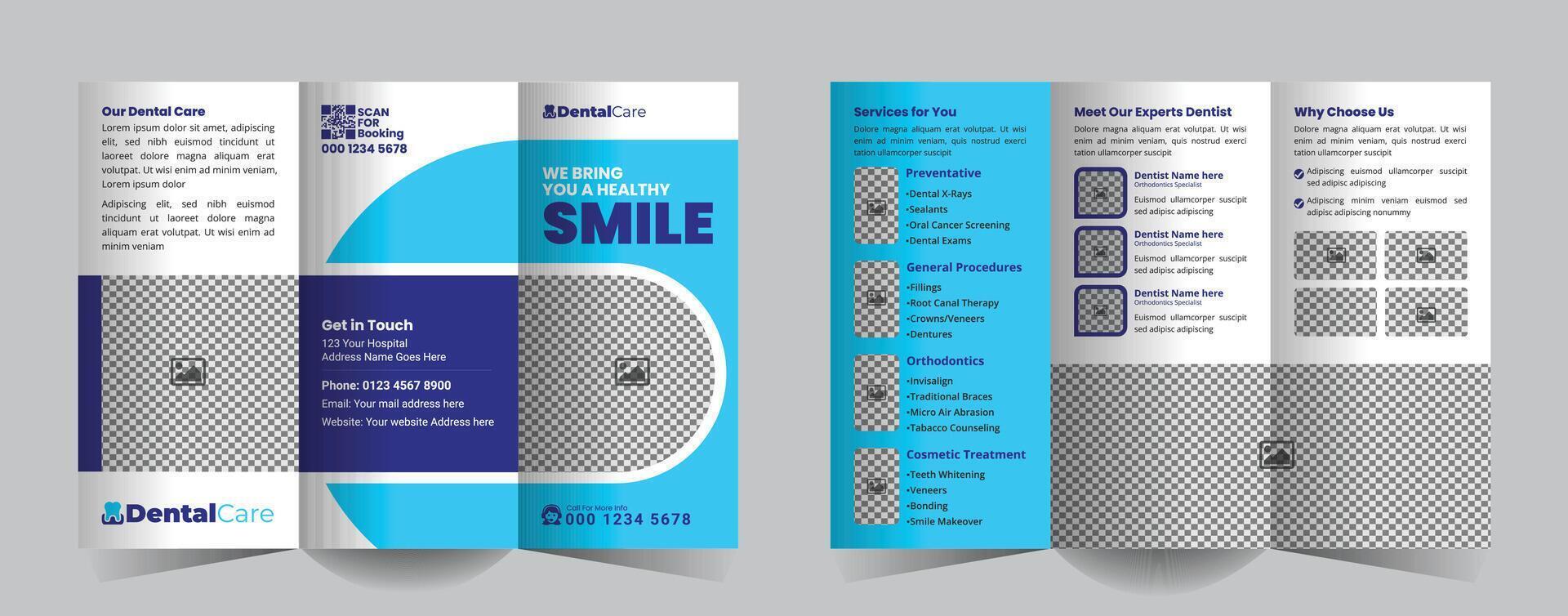 Modern, professional tri-fold brochure template for dental clinics, featuring services, expert profiles, contact info, and a sleek, customizable design to attract and inform potential patients. vector