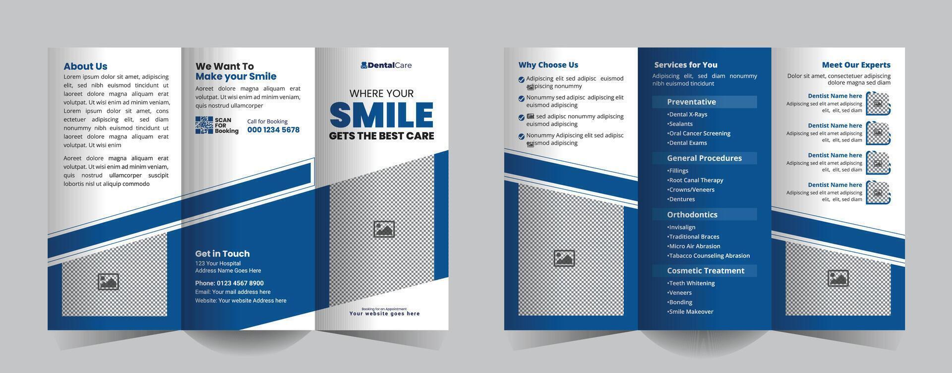 Dental clinic Trifold Brochure Design for Hospitals, Clinics, or Healthcare Services. Modern Trifold brochure for teeth treatment, checkup, and teeth care Template vector