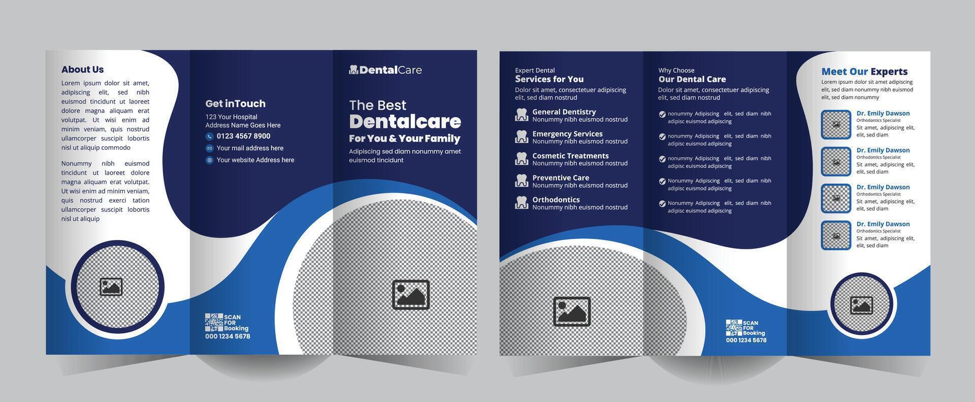 Dental clinic Business Trifold Brochure Design for Hospitals, Clinics, or Healthcare Services. Modern Trifold brochure for teeth treatment, checkup, and oral care Template vector