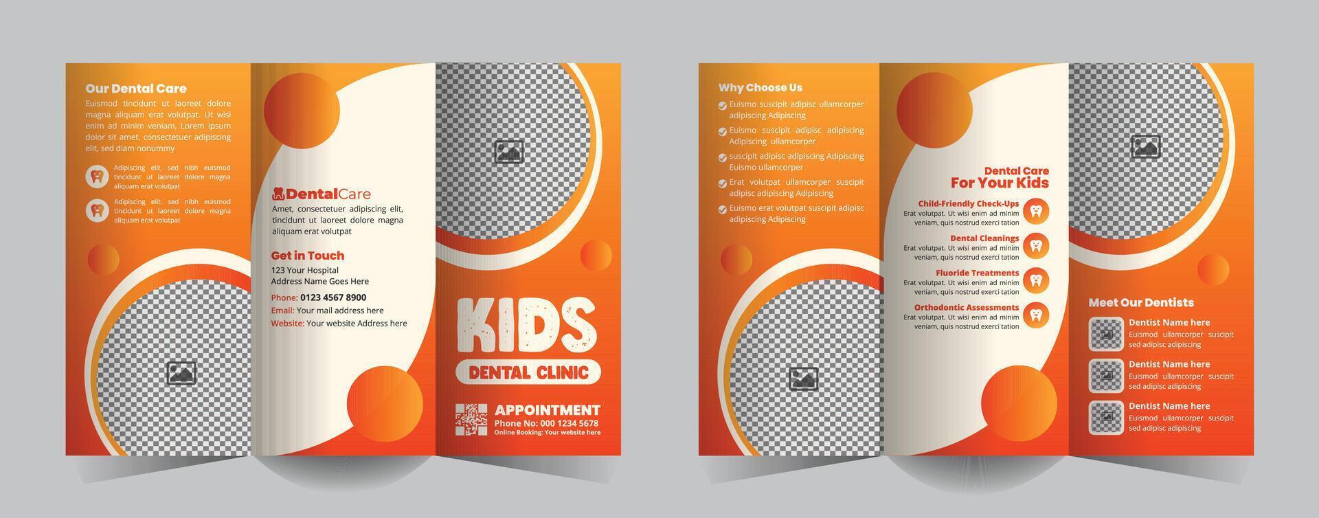 Kids Dental Clinic Trifold Brochure Design Template for Pediatric Dentistry, Child-Friendly Oral Care Services, Dental Checkups, Cleanings, and Preventive Treatments vector