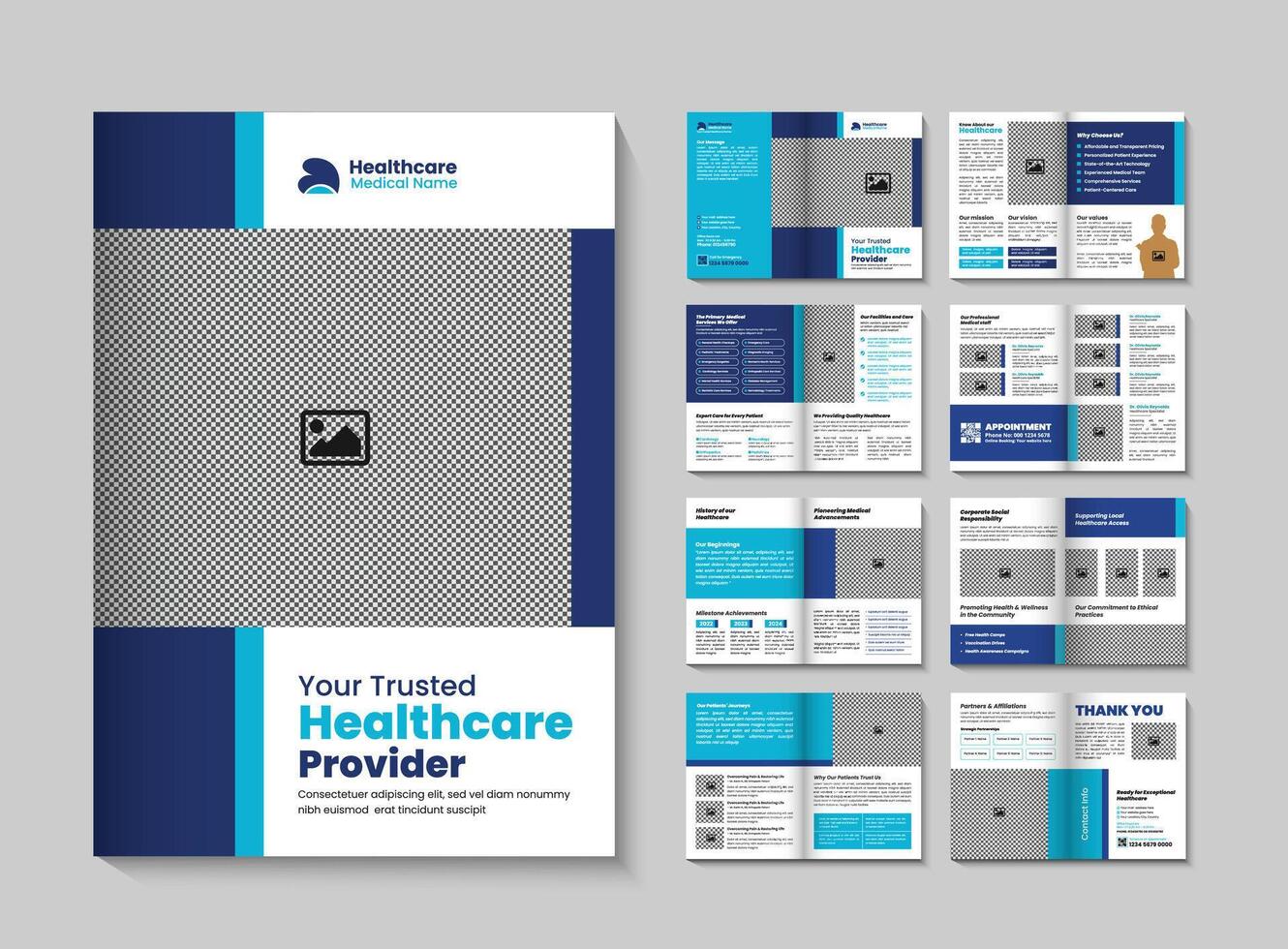 16 medical and healthcare bi-fold brochure templates or Company profile designs, ideal for clinics, hospitals, and healthcare-related businesses. vector