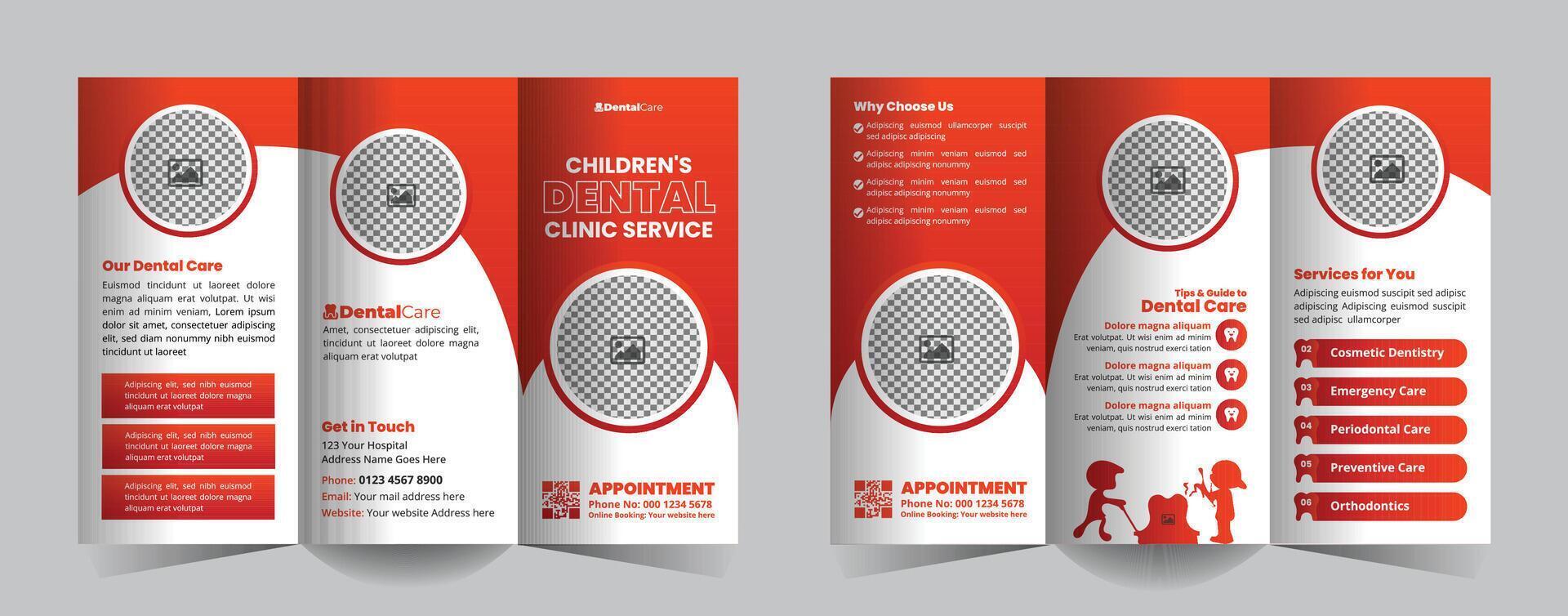Children's Dental Clinic Trifold Brochure Design Template for Pediatric Dentistry, Child-Friendly Oral Care Services, Dental Checkups, Cleanings, and Preventive Treatments vector