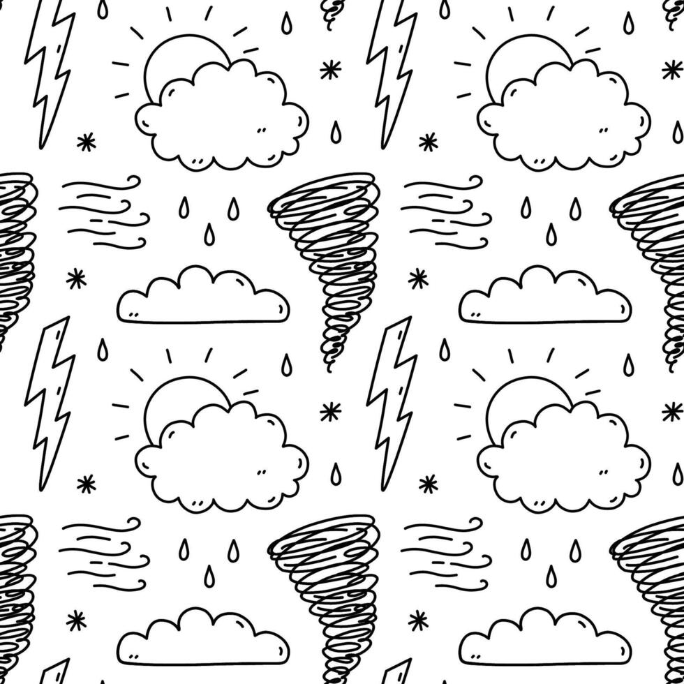 Cute seamless pattern with weather elements - sun, clouds, rain, wind, tornado, lightning. hand-drawn doodle illustration. Perfect for print, wallpaper, decorations. vector