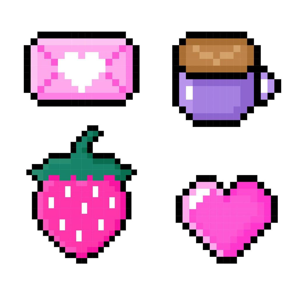 Cute set of pixel icons - heart, strawberry, cup of coffee, mail isolated on a white background. illustration in 8-bit retro style. Perfect for stickers, logo, various designs. vector