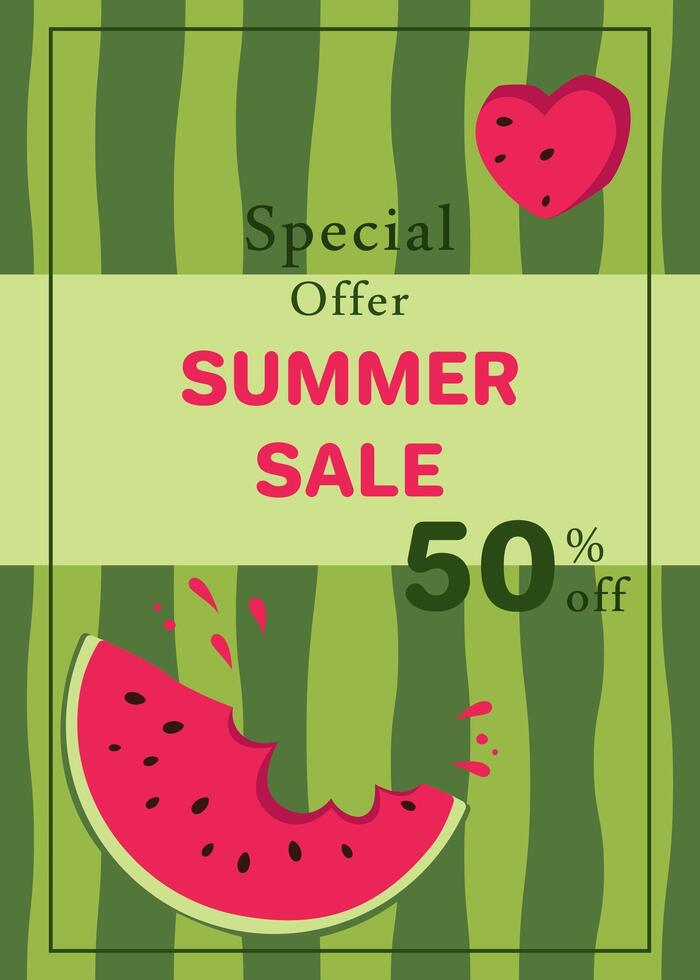 Flyer with triangular piece of watermelon on watermelon rind background. Template design for flyer, banner, poster, poster, advertisement for grocery store, marketplace, online store, website. vector
