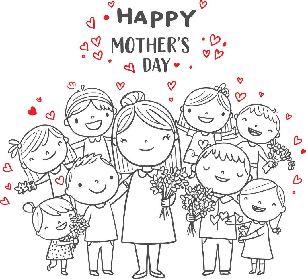 Cute and playful Happy Mothers Day with cartoon characters, hearts, and floral doodles for childrens art and fun greeting cards vector