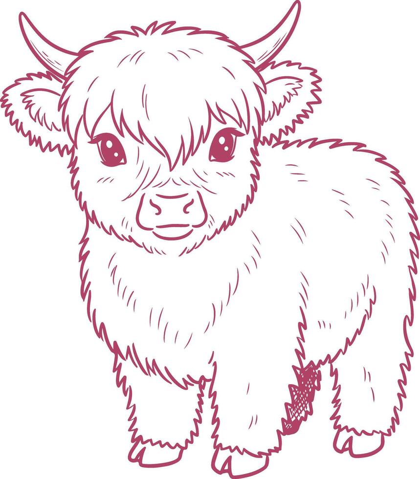Adorable Baby Highland Cow in Profile Cute and Fluffy Farm Animal Line Art vector