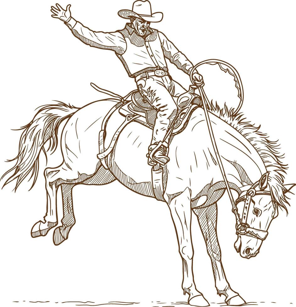 Detailed Rodeo Illustration of a Cowboy on a Bucking Bronco Mid-Twist in a Hand-Drawn Western Rodeo Scene vector