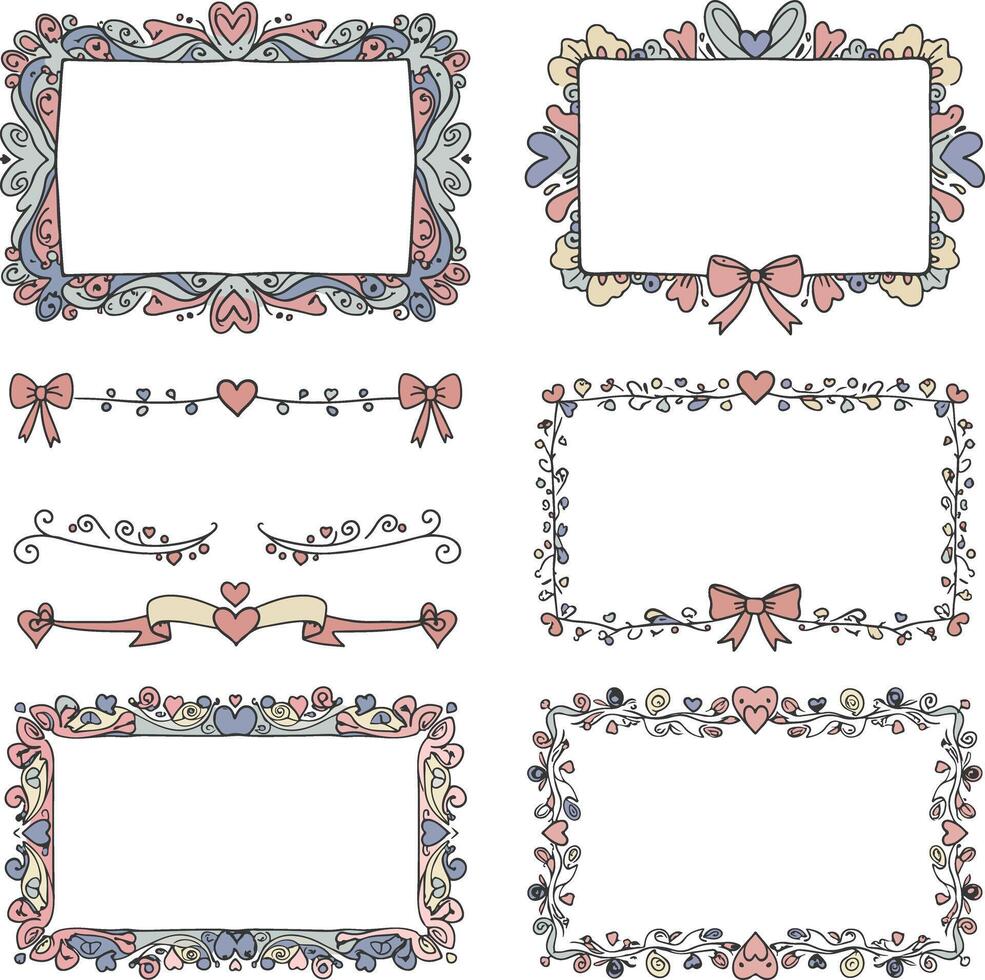 Doodle Hand Drawn Coquette Frames with Hearts, Bows, and Ribbons Whimsical Vintage Borders for Wedding Invitations, Greeting Cards, Scrapbooking, Romantic Stationery, and Cute Feminine Designs vector