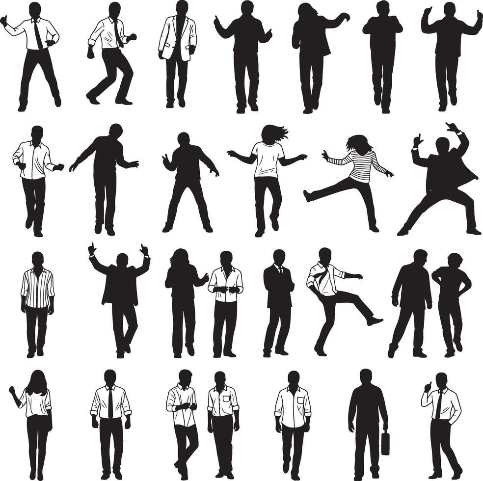 Silhouette of Diverse People in Motion Featuring Men and Women Walking Jumping Dancing and Posing in Business and Casual Outfits Isolated Black Human Figures in Various Group and Individual Poses vector