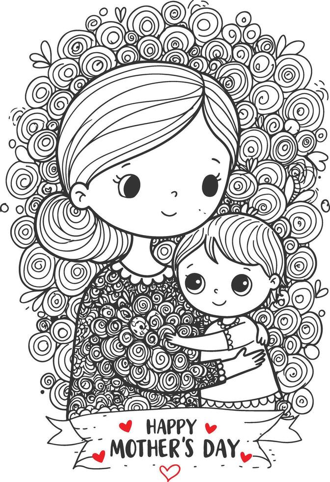 Hand-drawn Mother's Day Illustration Featuring a Cute Mom and Child Hugging with Floral Background and Heart Accents in Doodle Style vector