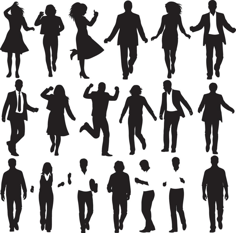 Black Silhouette Set of Diverse People in Dynamic Poses Including Walking Jumping Dancing and Business Figures with Men and Women in Various Activities and Group Formations vector