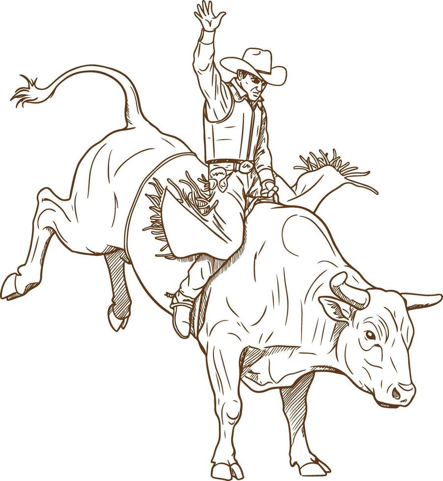 Bull Riding Cowboy Vintage Rodeo Illustration of a Rider in Action on a Bucking Bull with Raised Hand vector