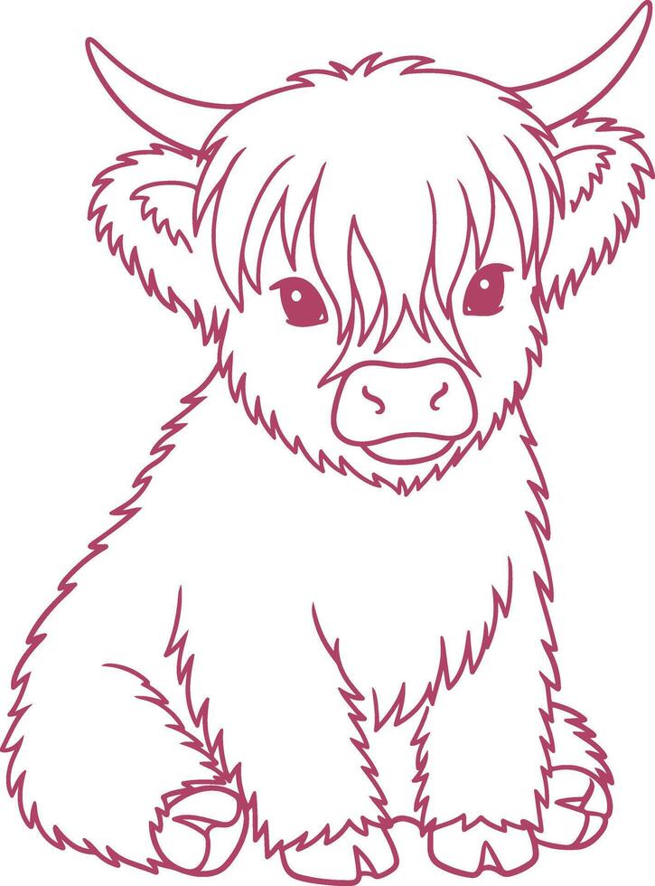 Sitting Baby Highland Cow Cartoon - Cute Fluffy Farm Calf Drawing in Rustic Style vector