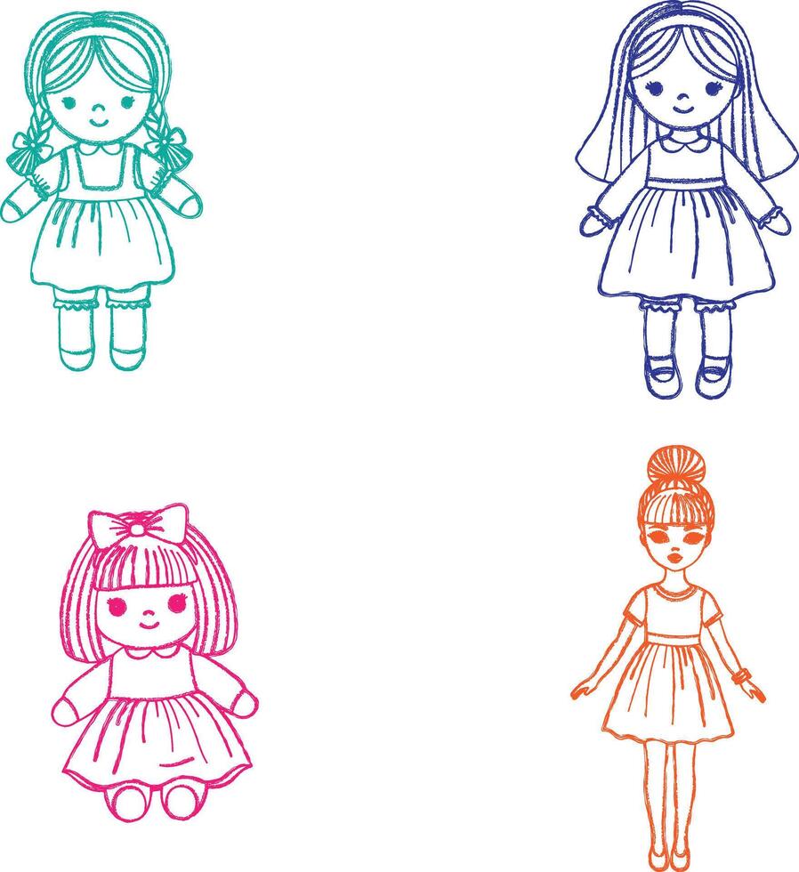Hand Drawn Chalk Style Collection of Cute Kid Dolls in Dresses with Various Hairstyles and Outfits Isolated on White Background Illustration vector
