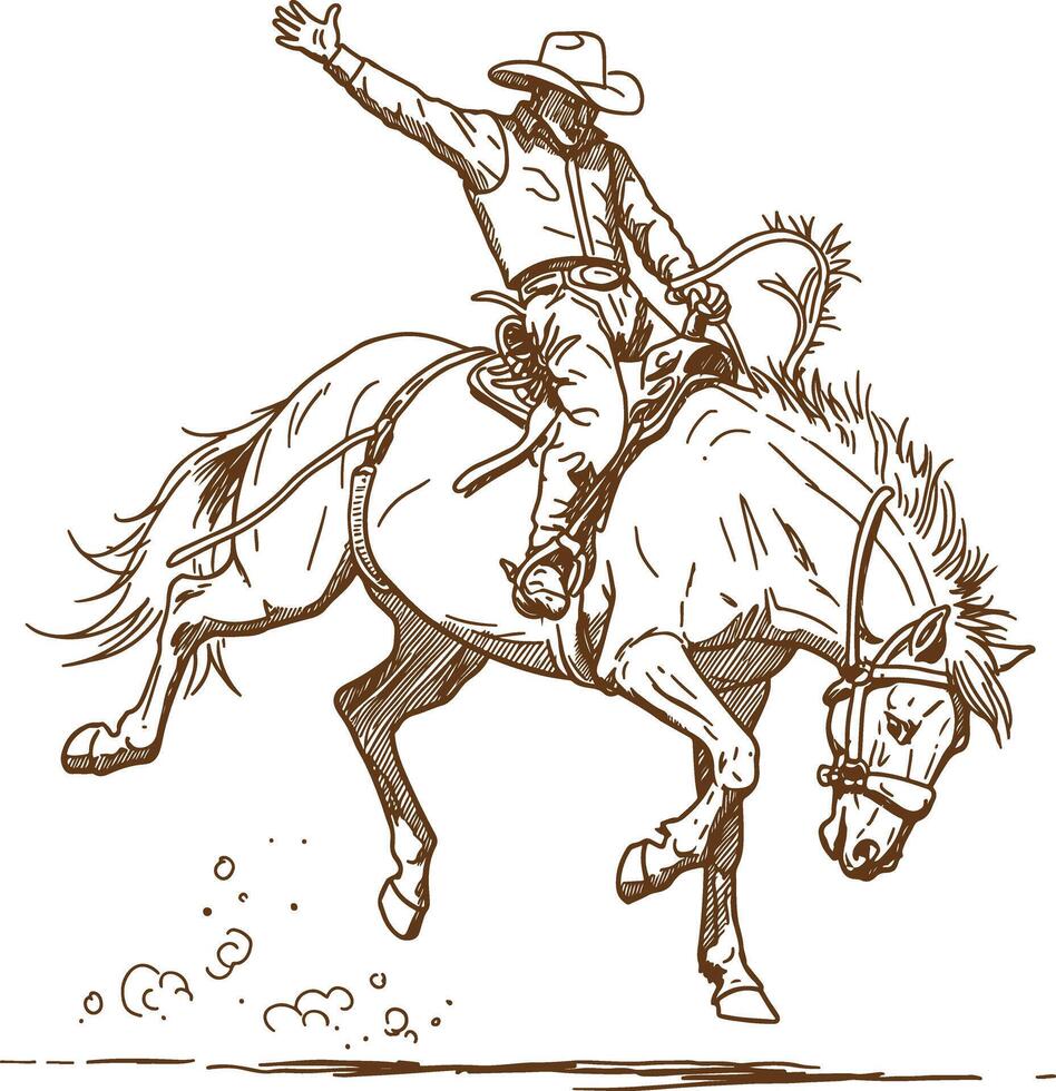 Western Rodeo Cowboy Illustration of a Man Balancing on a Wild Bucking Bronco Horse in Mid-Kick Action Pose vector