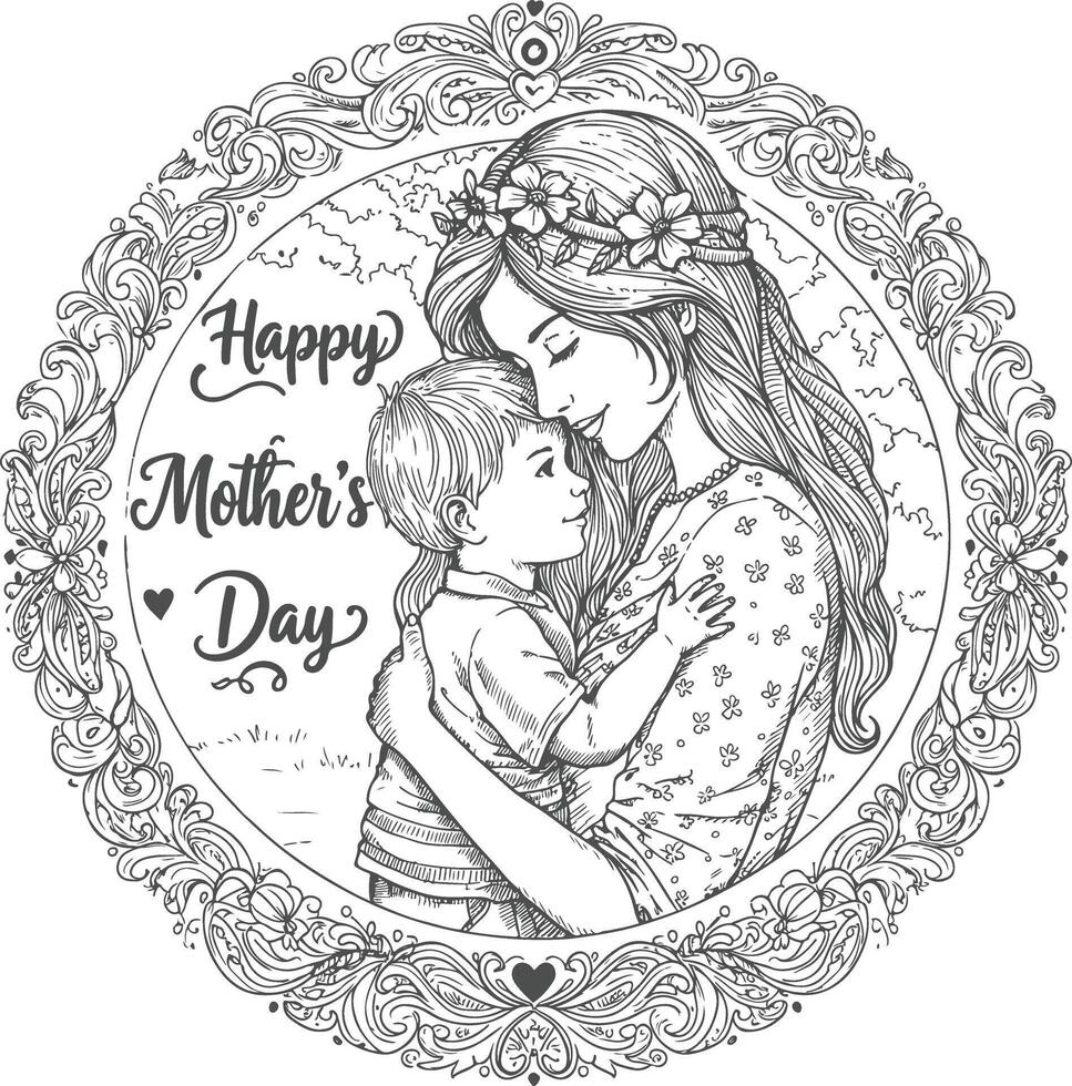 Vintage style of a mother lovingly hugging her child illustrated with ornate detailing and floral motifs ideal for nostalgic Mothers Day artwork vector