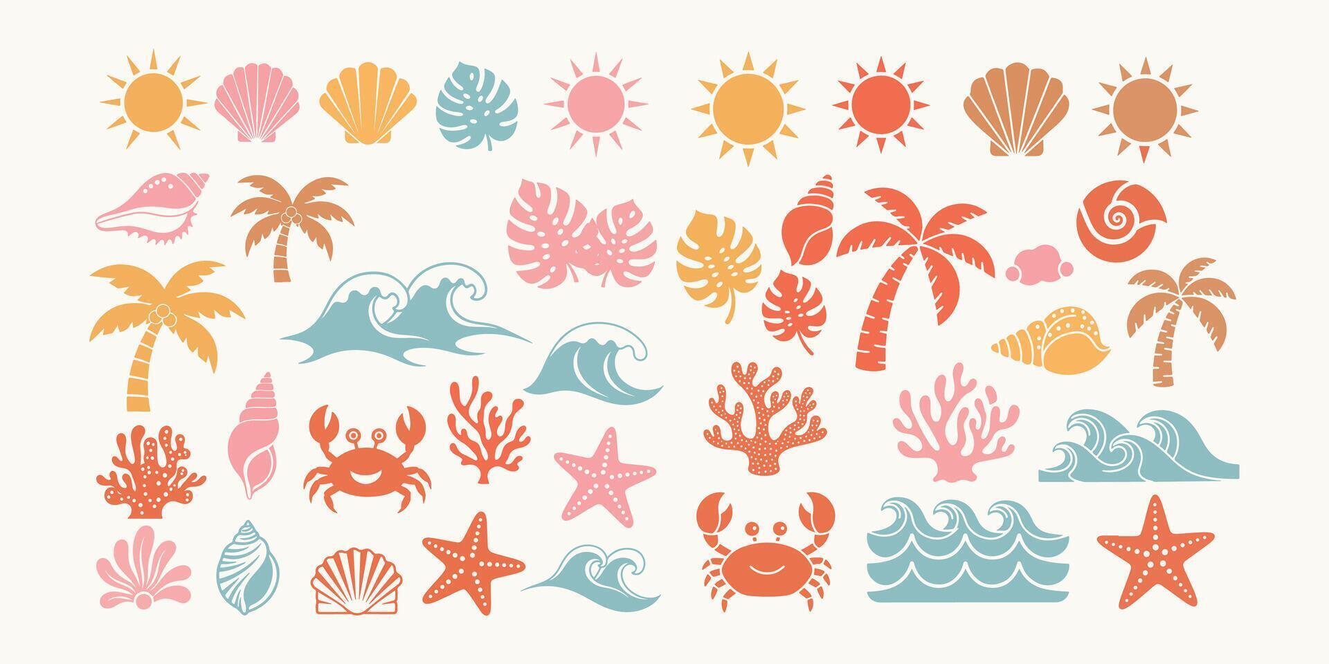 Hand Drawn Vintage Summer Beach Icon Set with Palm Trees, Waves, Crabs, Shells, Sun, Coral, and Tropical Elements in Retro Boho Style vector