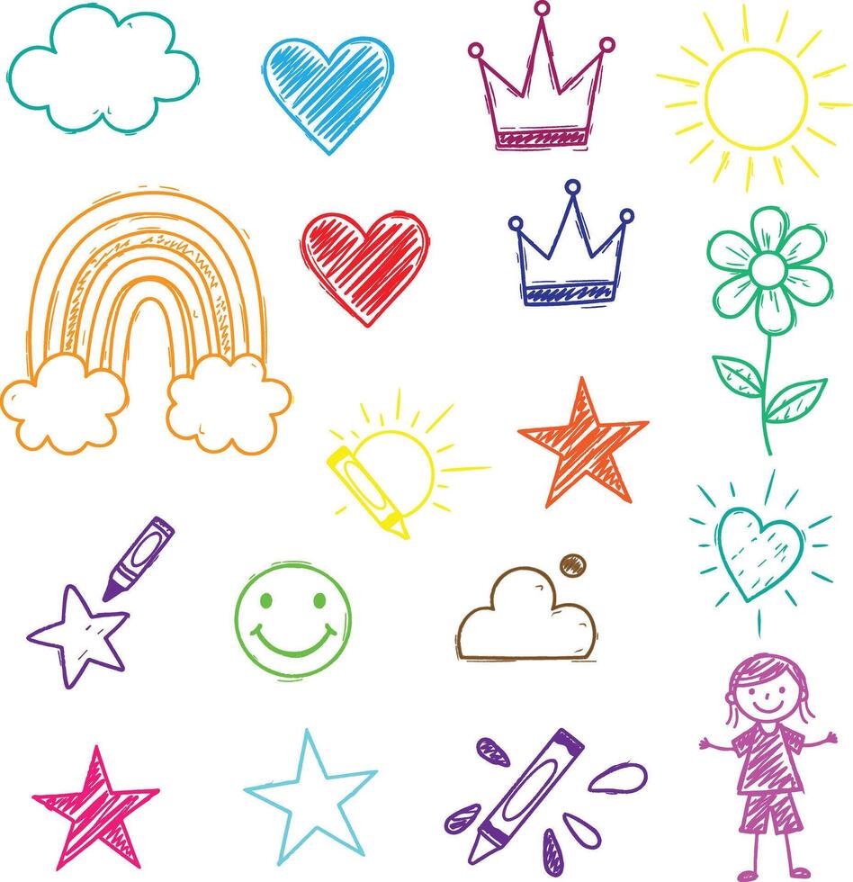 Colorful Hand Drawn Crayon Style Icon Set with Rainbow Hearts Crowns Stars Flowers and Child Doodle Illustrations for Kids Design and Education vector