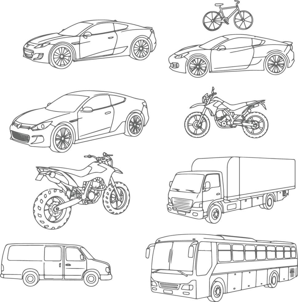 CAD Line Art of Vehicles - Side, Front, and Top Views of Bike, Bicycle, EV Car, and Motorcycle for Technical and Automotive Visuals, with Precision Detailing vector