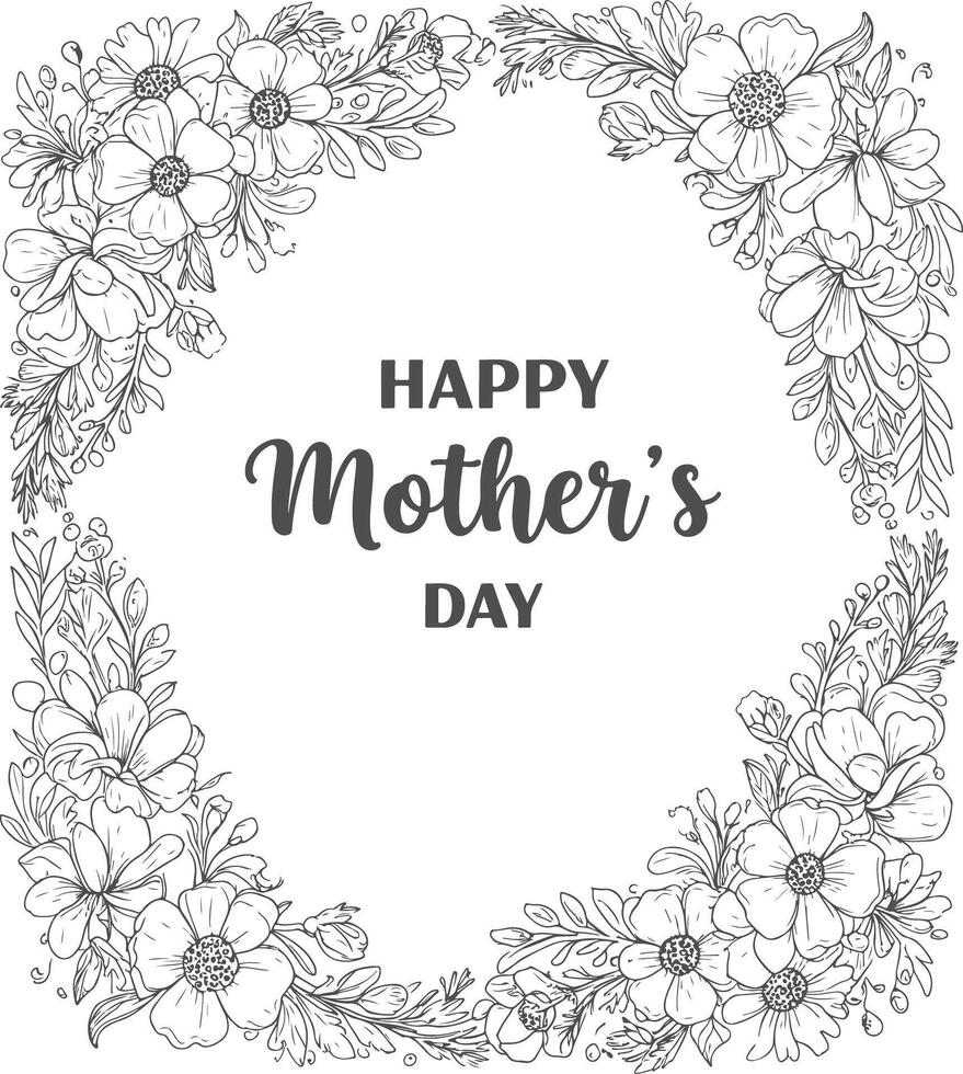 Happy Mothers Day Square Poster with Dense Hand-Drawn Floral Frame and Vintage Botanical Details vector