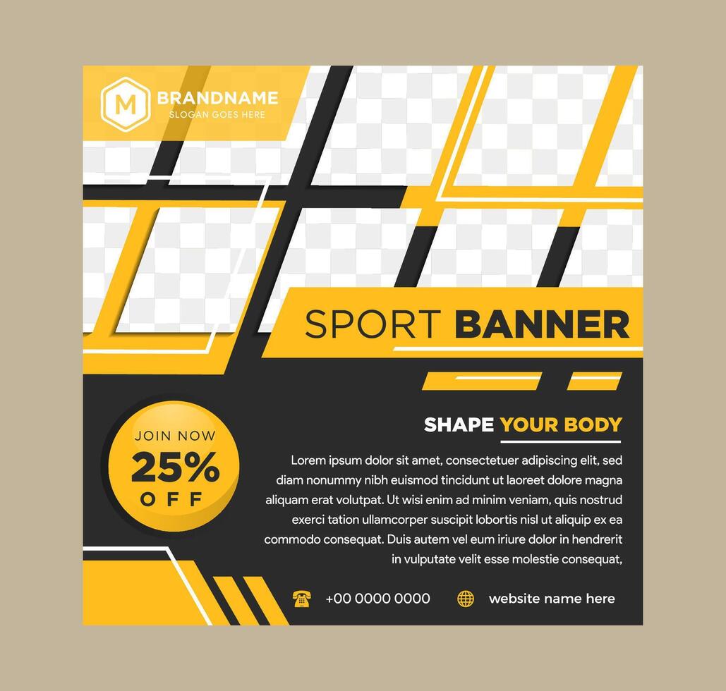 fitness gym social media post banner design template with yellow and black color sports vector