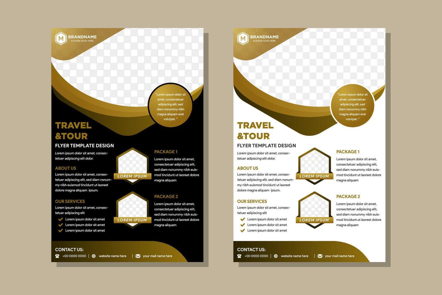 Flat travel flyer with photos composition. white and black background. vector