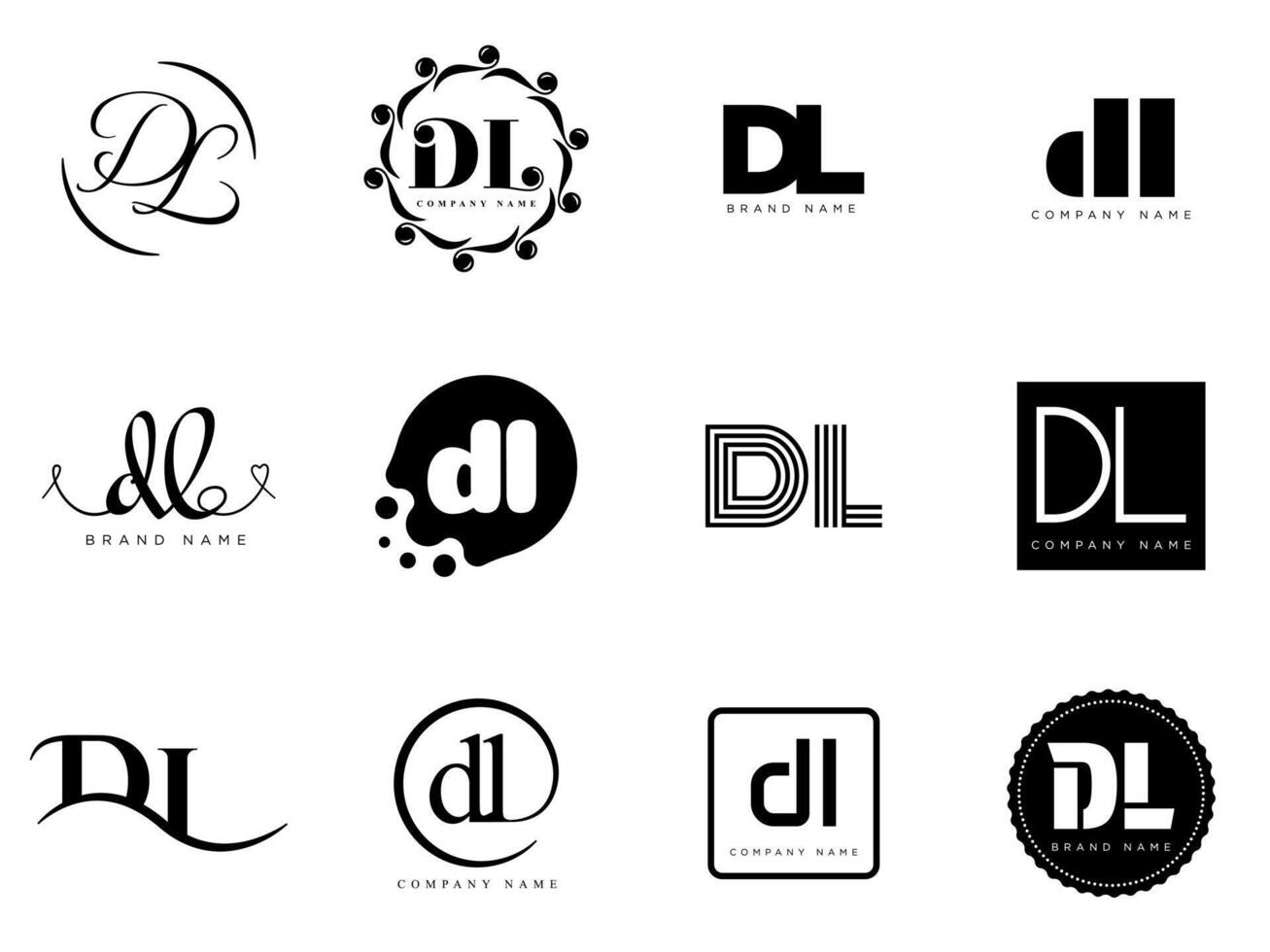 DL logo template. Letter d and l logotype. Set different classic serif lettering and modern bold text with design elements. Initial font typography. vector