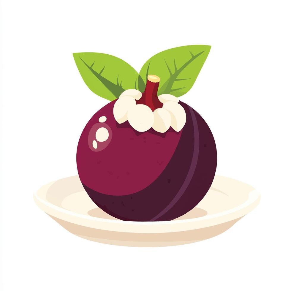 A plum with a green leaf on top is on a plate vector