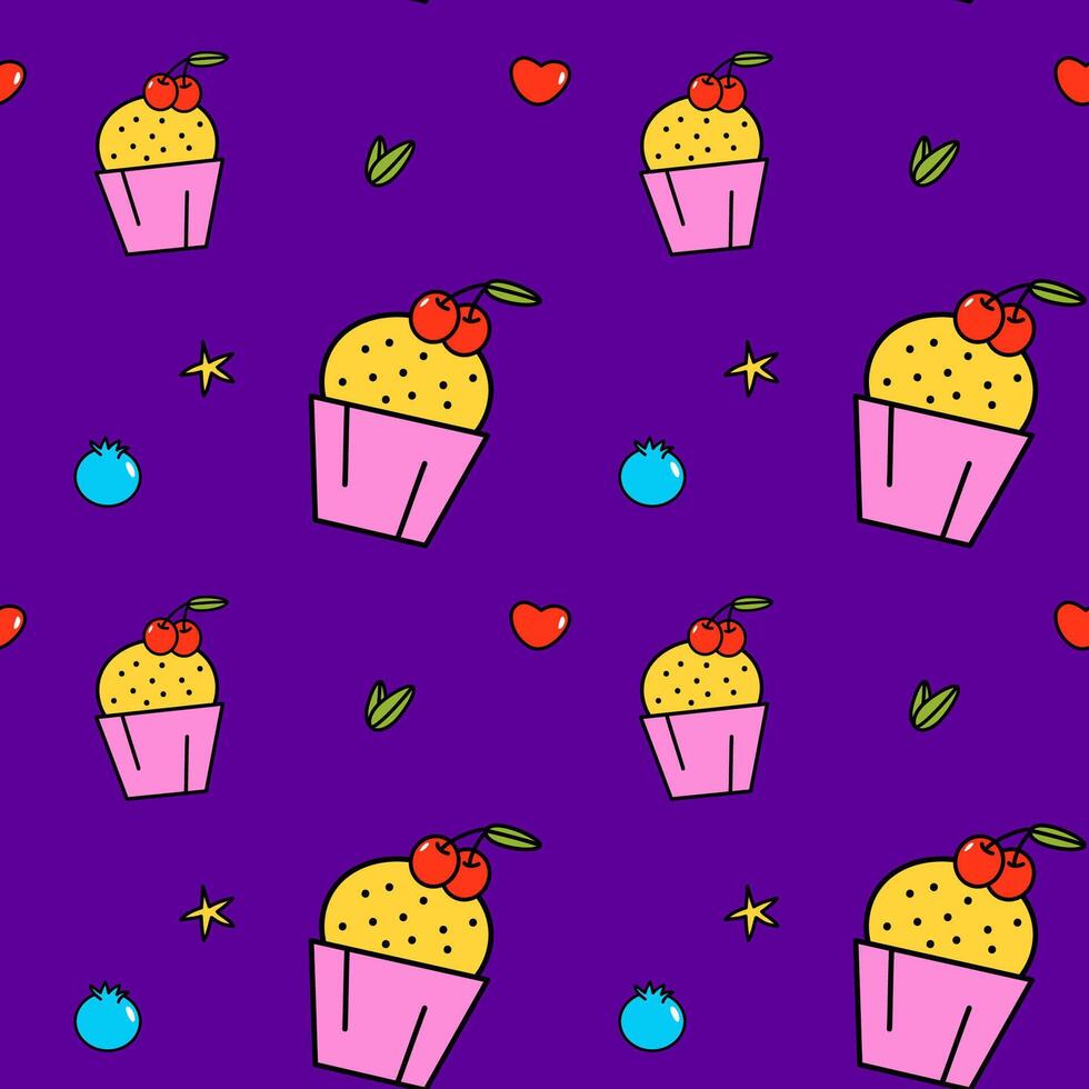 Colorful cupcake pattern with cherries and fruits vector