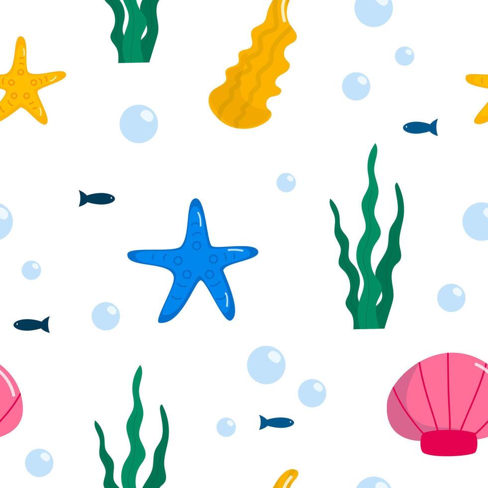 Seamless marine pattern with starfish, seaweed, shells and bubbles vector