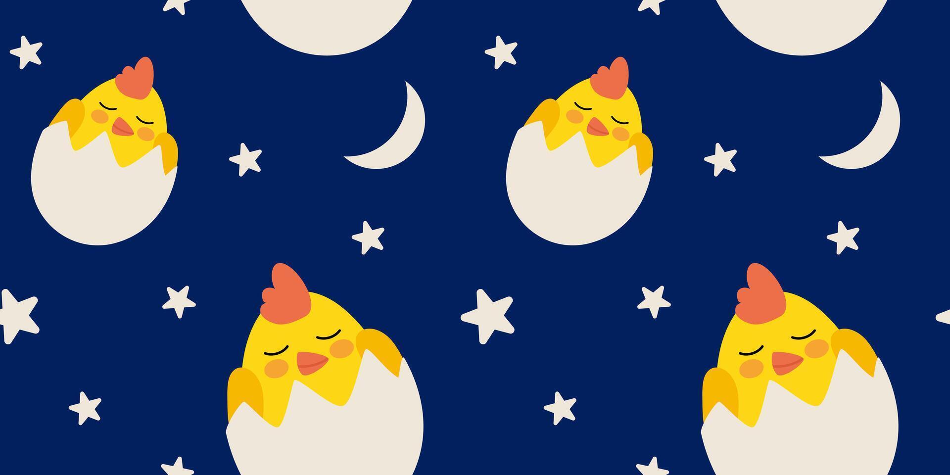 Cute sleeping chicks in eggs night pattern vector