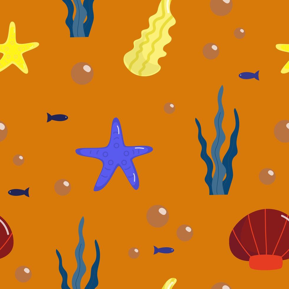 Orange seamless pattern with underwater life objects - shells, starfish, coral, algae vector