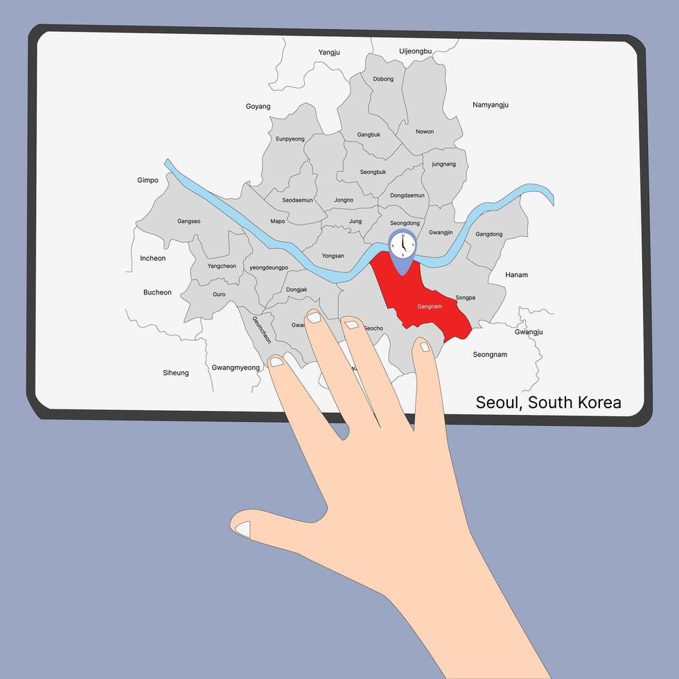Seoul South Korea map with neighboring districts and gangnam location vector