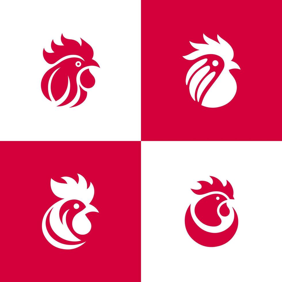 Four abstract rooster head designs red and white vector