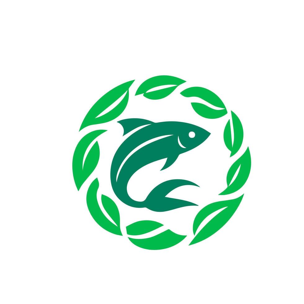 Green leaf circle encircling a leaping fish logo vector