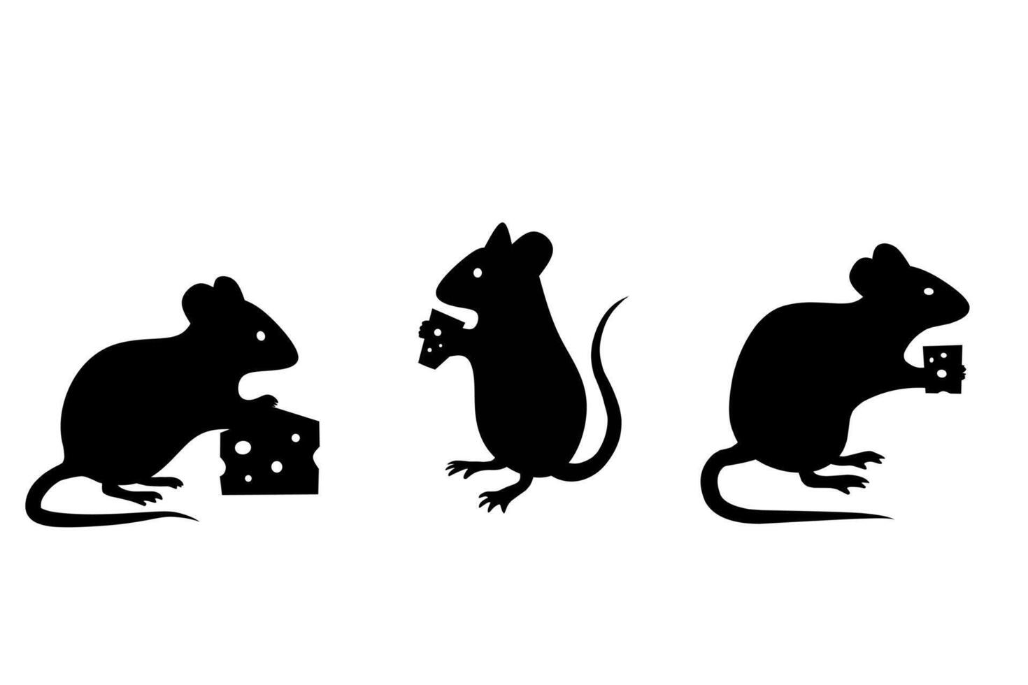 Silhouettes of cute mice eating cheese in various poses. Black illustration of cartoon rats holding or nibbling cheese, perfect for childrens designs or logos vector