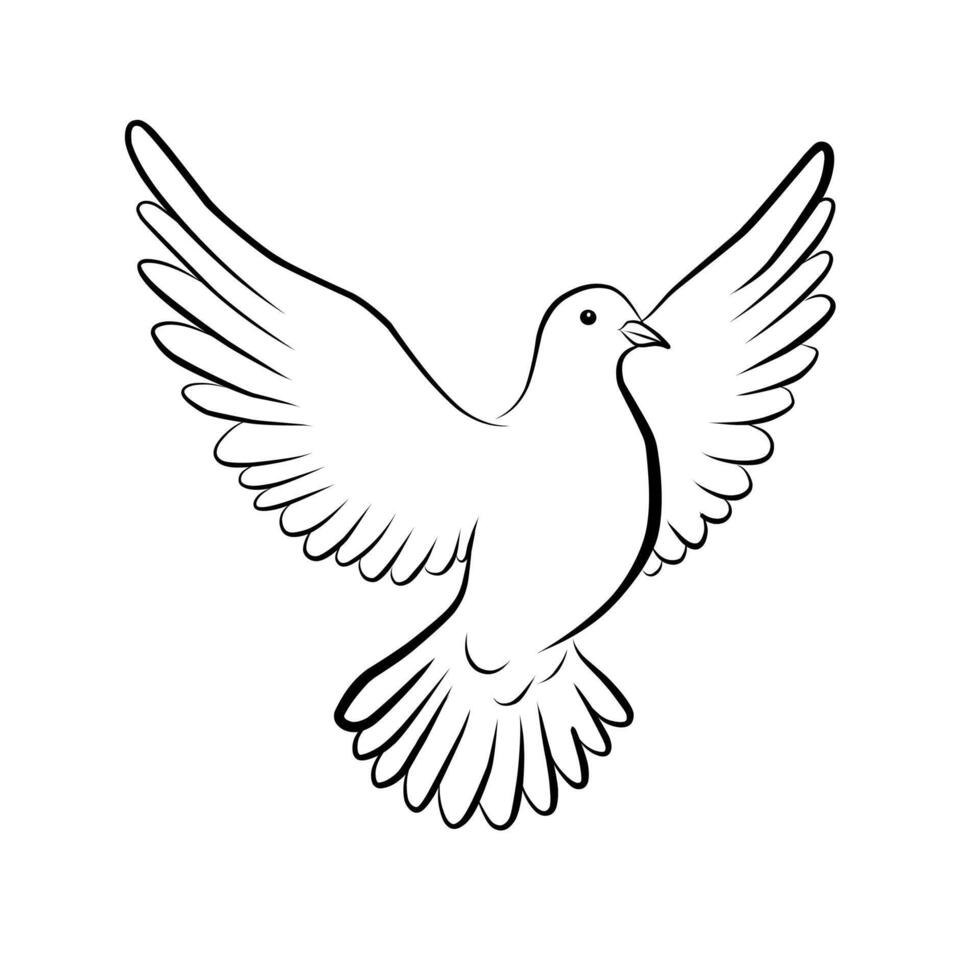 Line art of a flying dove with wide open wings. Minimalist black and white illustration symbolizing peace, freedom, and spirituality in elegant contour style vector