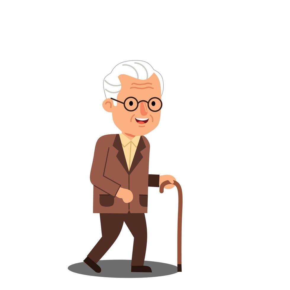 illustration of a happy elderly man walking with a cane. Smiling grandfather character in brown suit, wearing glasses, perfect for senior care themes vector