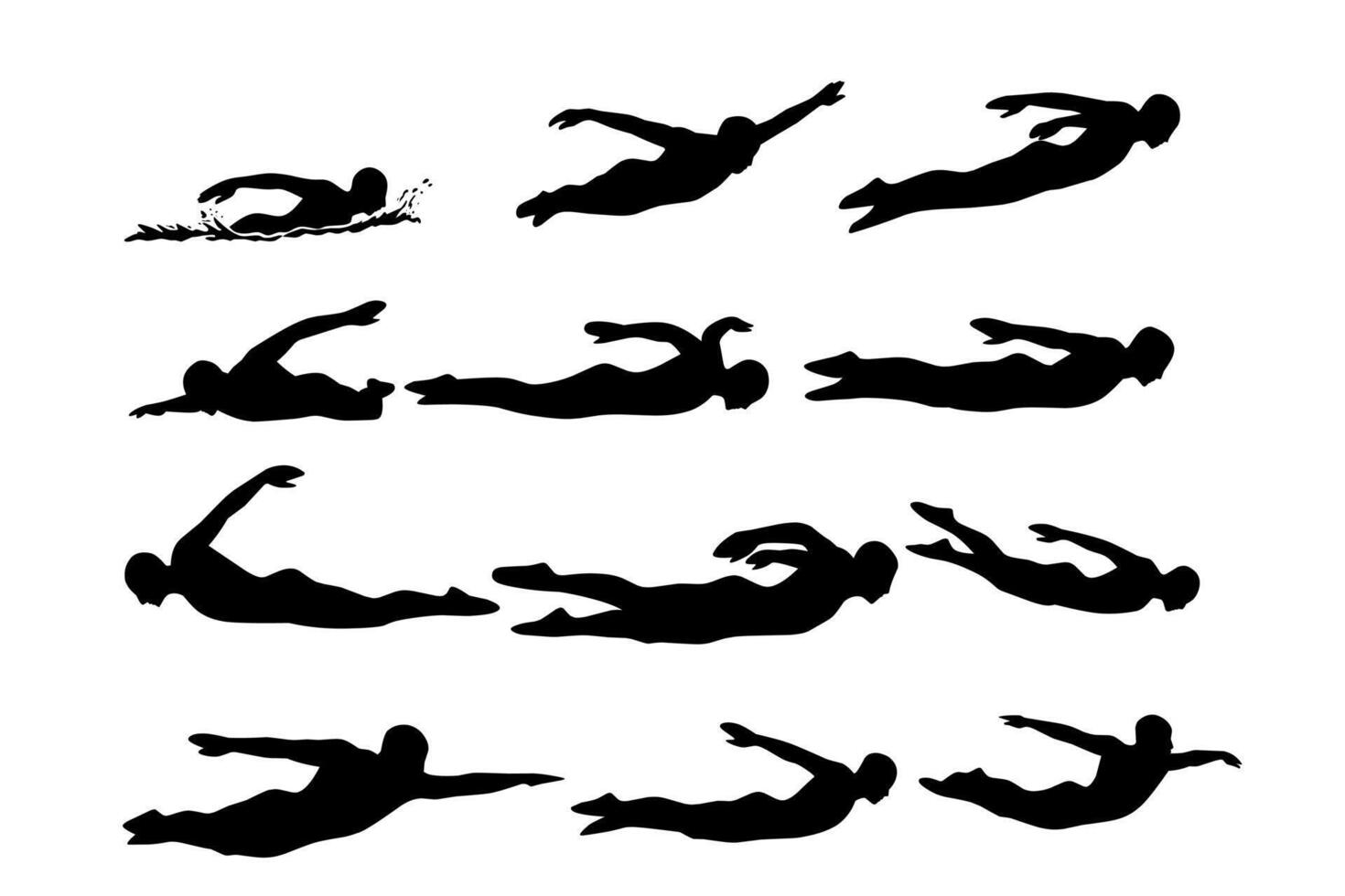 Silhouettes of swimmers performing various swimming strokes in sequence. Black illustration showing dynamic swim poses and aquatic motion for sports or training vector