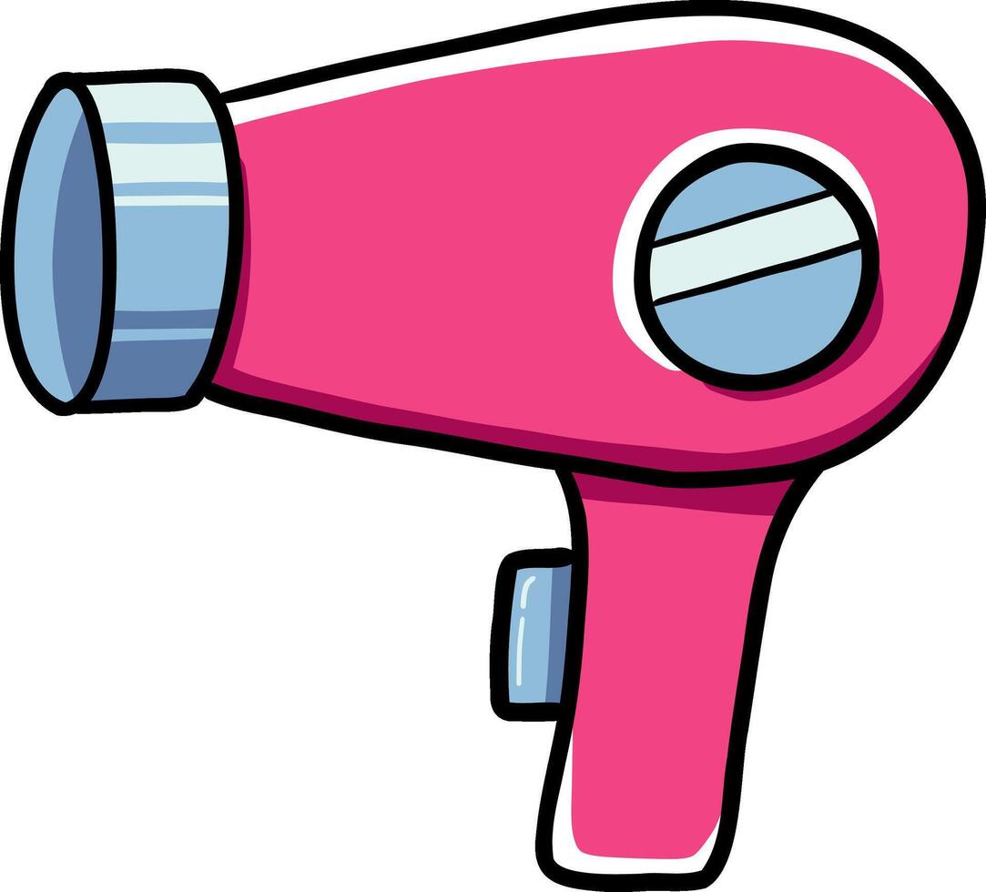 Hand drawn Bathroom elements doodle, Cartoon-style pink hairdryer with a blue nozzle and handle. vector