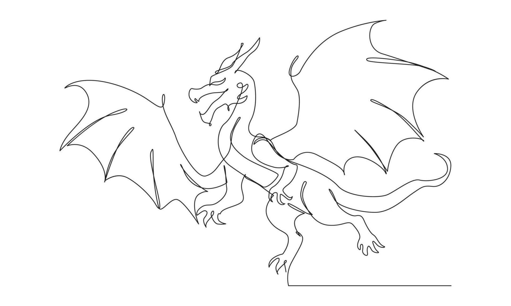 Minimalist one-line drawing of a fierce dragon with large wings, sharp claws, and a powerful stance, created in a continuous sketch style. vector