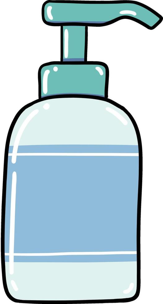 Hand drawn Bathroom elements doodle, Illustration of a pump bottle with a light blue label. vector