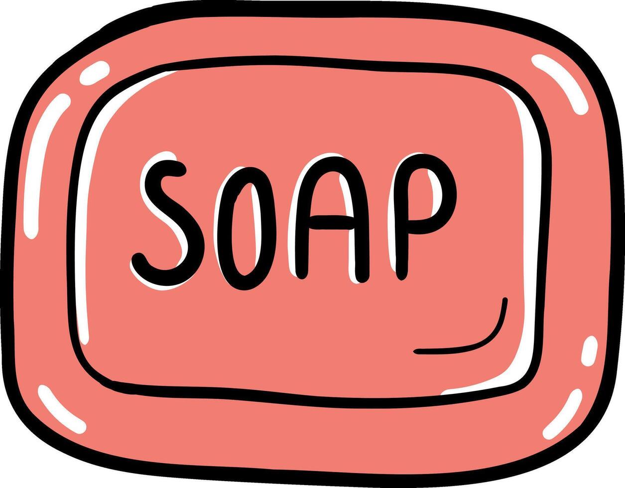 Hand drawn Bathroom elements doodle, Illustration of a pink soap bar with the word SOAP written on it. vector