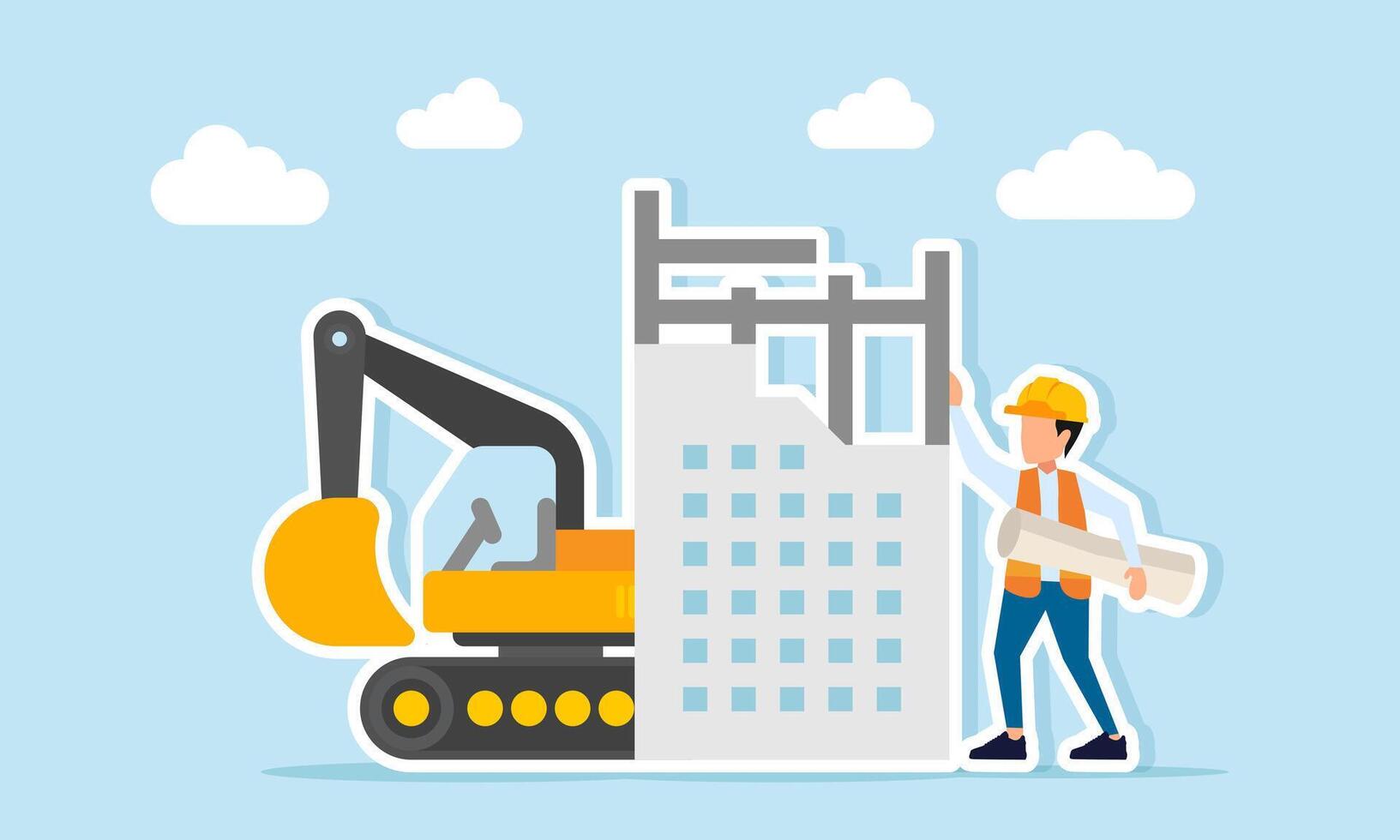 Excavator and construction worker illustration vector