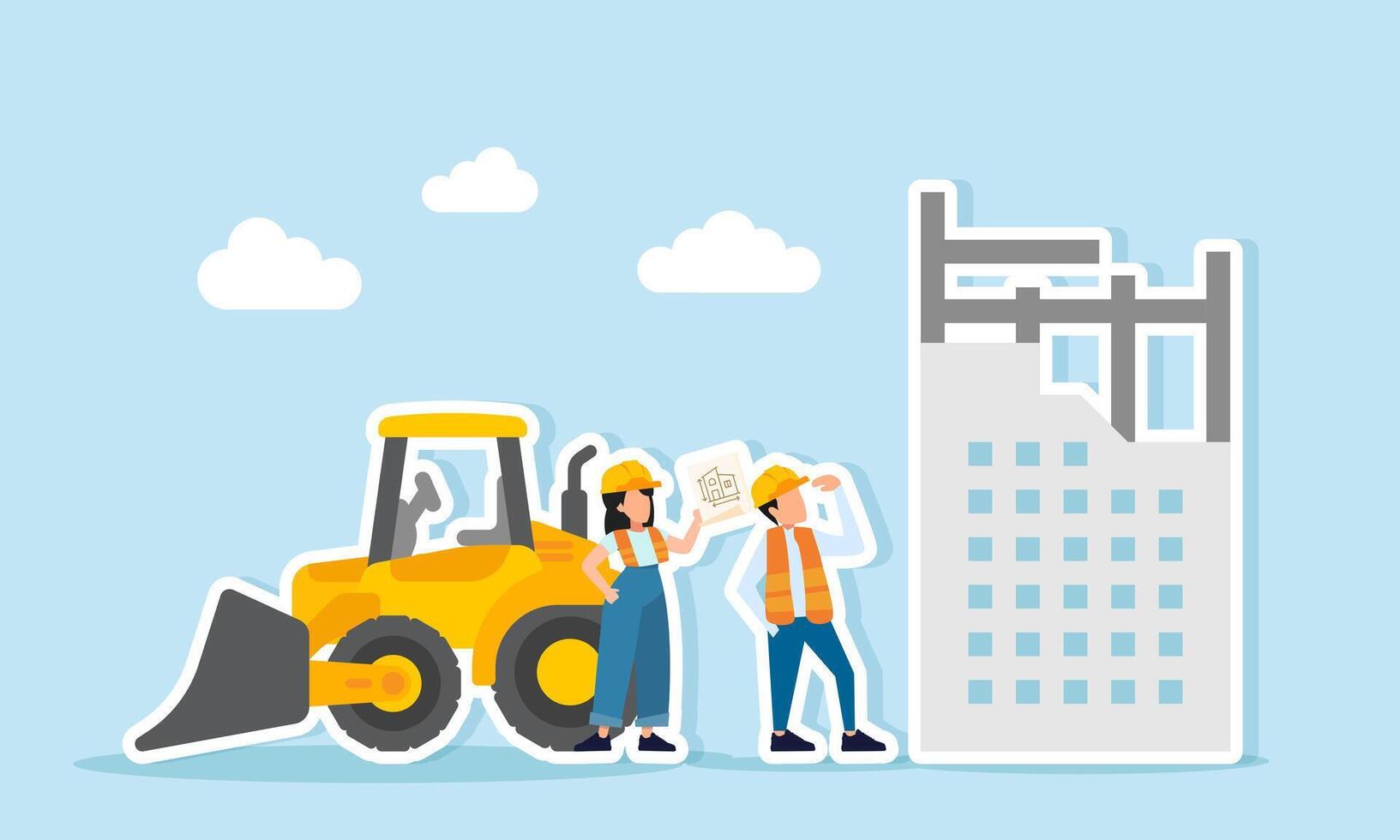 Construction team with machinery and plans vector