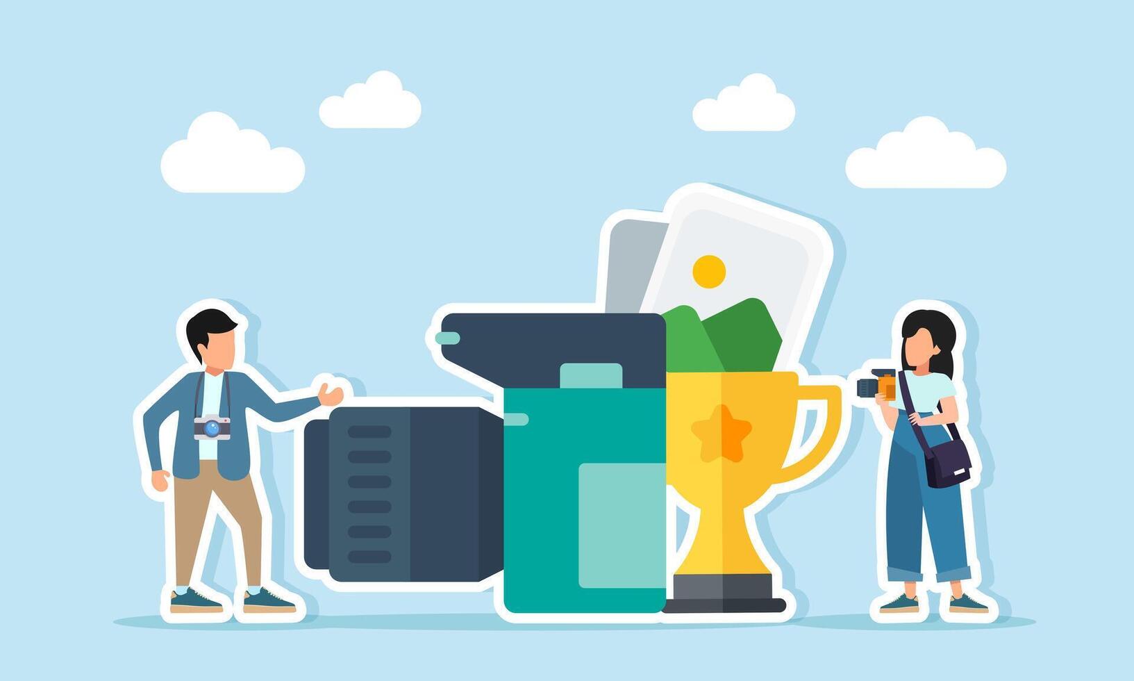 Photographers with camera and trophy illustration vector